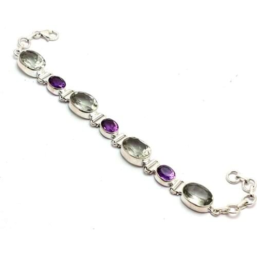 Genuine Amethyst + Green Amethyst Bracelet 925 Sterling Silver, 19.5 cm, GRP0271