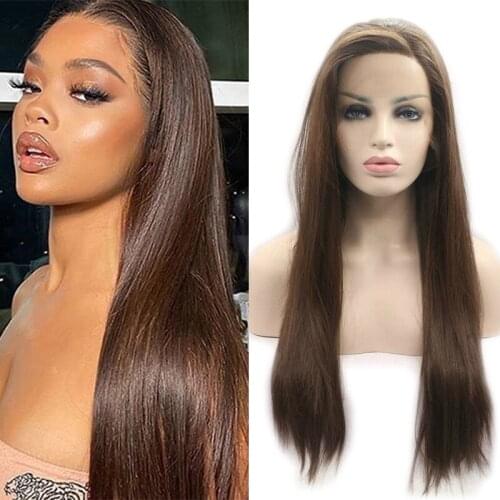 Blonde Brown Synthetic Highlight Side Part Long Straight Lace Front Wig Black Frontal Wigs Cosplay Lolita Glueless Hair ForWomen