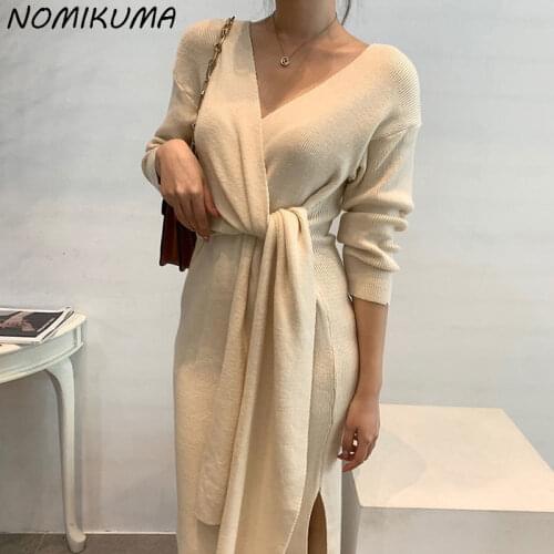 Nomikuma Women Sweater Dress Korean Elegant Lace Up Slim Waist Dresses Long Sleeve V-neck Autumn Winter Knitted Vestidos 6L402