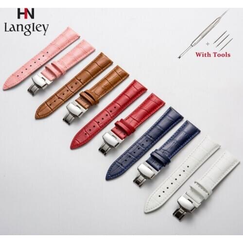15mm-22mm Genuine Leather Watch Band Cowhide Butterfly Buckle WistWatch Strap For Women Watchbands With Tools Watch Accessories