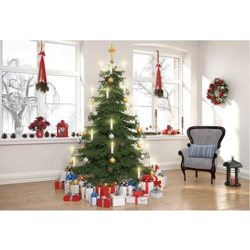 Christmas Backdrop Xmas Tree Candle Gift Box Photography Background Family New Year Party Decoration Photo Booth Studio Prop