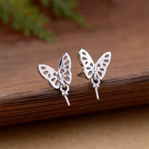 Sterling Silver Earring Settings for 6-11mm Round Beads White Gold Plated 925 Silver Butterfly Shape Earring Components E042B
