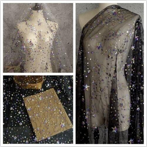 Colorful Sequin Stars Embroidery Mesh Lace Fabric For Evening Dress Womens Skirt Sequined Stars Tulle Fabric Bridal Lace Fabric
