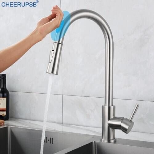 Kitchen Sink Touch Actived Faucet Hot Cold Water Mixer Crane Single Hole Deck Mounted Sensor Tap Stainless Steel Smart Faucets