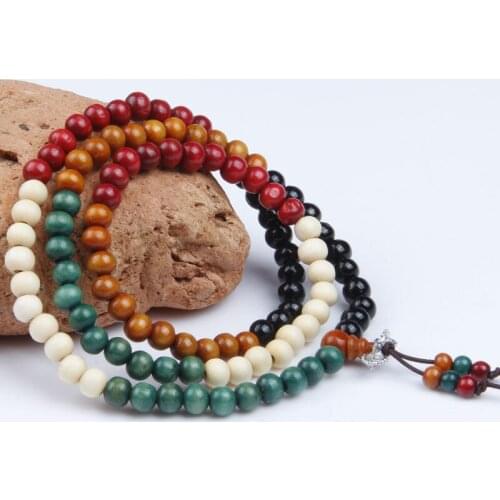 Tibetan Buddhism 108 Five Colours Wood Prayer Bead Vajra tassels Mala Necklace