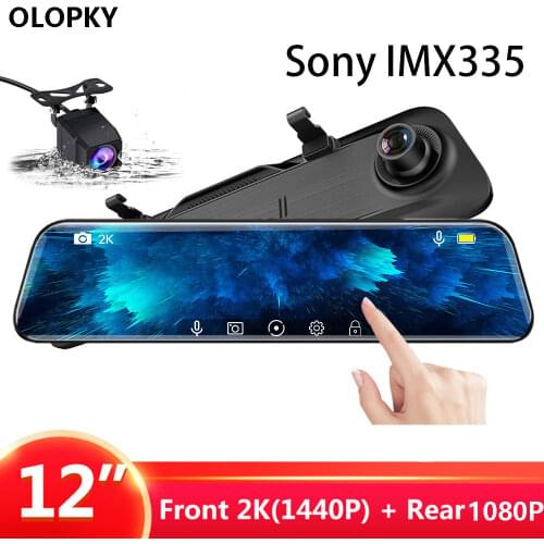 OLPKY 12" Car DVR Stream Media Dash Cam 1440P Touch Screen Dual Lens 2K Video Recorder Rearview Mirror Backup Camera Registrator