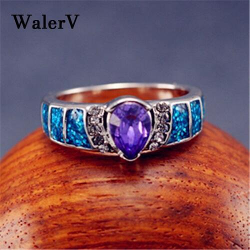 WalerV Ring for Womens Set Fashion Charm Imitation Blue Opal High Quality Water Drop Purple Zircon Wedding Ring