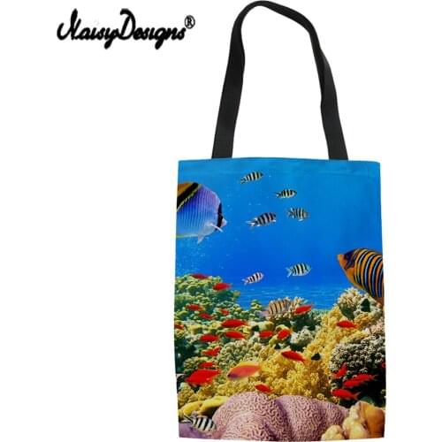 NoisyDesigns Women Cotton Shopping Bag Marine life Print Canvas Large Capacity Reusable Beach Bags Pouch Eco Friendly Products