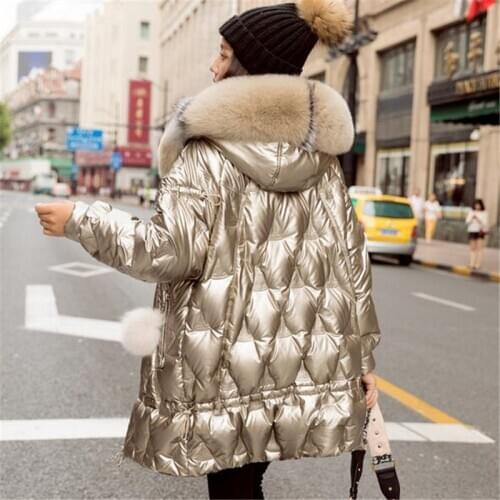 Women Winter Duck Down Jacket Hooded Big Fox Fur Collar Puffer Coat Korean Shiny Womens Down Jackets Parka