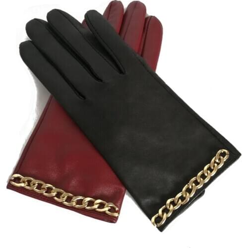 Womens Genuine Leather Gloves Winter Warm Sheepskin Touch Screen Gloves Black Fashion Chain Mittens New Arrival