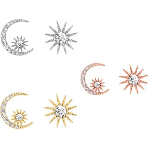 1 Pair Fashion Shiny Gold/Rose Gold Color Asymmetry Crystal Star Moon Stud Earrings for Women Creative Jewelry Gifts