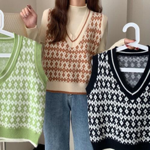 Woman Sweaters Pull Hiver Sleeveless V-neck Vest Womens Autumn 2020 Womens Plaid Knitted Femme Chandails