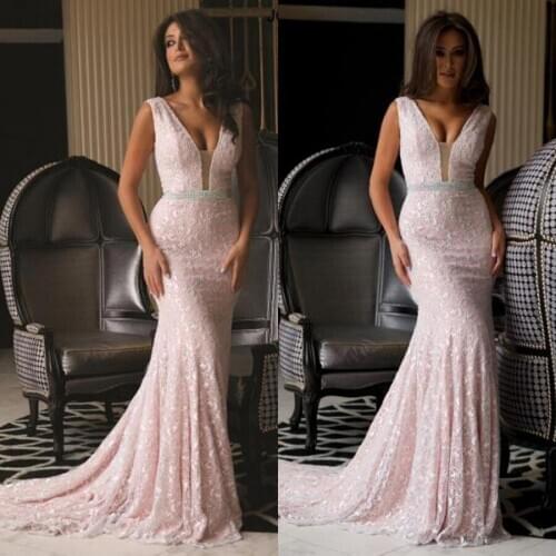 Sexy Deep V Neck Mermaid Long vestido de noiva 2018 Pink Lace Formal Wear Beading Sweep Train bridal gown bridesmaid dresses