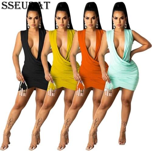 SSEURAT Women Mini Dress Solid Sleeveless V-neck Strechy Bodycon Dresses Sexy Fashion Summer Outfis