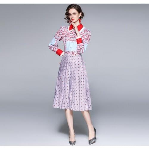 Autumn Fashion Runway Pleated Dresses Women Long Sleeve Elegant Heart-Shaped Polka Dot Print Midi Dress k5909