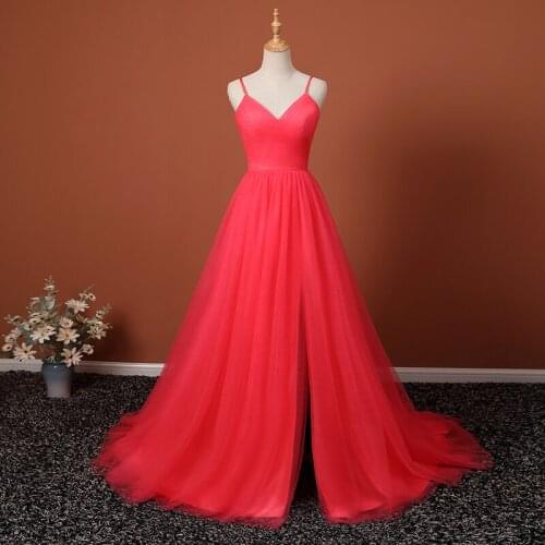 2021 New Arrival V Neck Soft Tulle Sexy Evening Dress Slit Prom Party Gown Robe De Soiree longue Formal Dress Vestidos De Festa