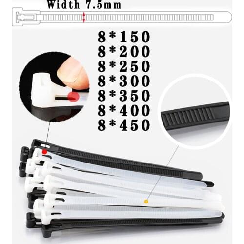 30PCS stretch nylon cable tie, reusable nylon cable tie, white self-locking plastic fixed cable tie 8*150 8 * 350 8*450