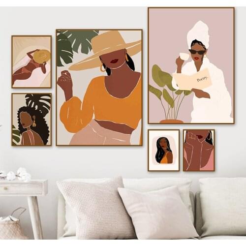 African Bikini Woman Monstera Leaf Wall Art Canvas Painting Nordic Posters And Prints Wall Pictures For Living Room Home Decor