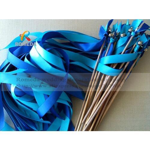 FREE SHIPPING--(50Pieces/Lot) Style L Sky blue /Royal blue with Sliver bell Wedding Ribbon Stick,ribbon Twirling Streamers