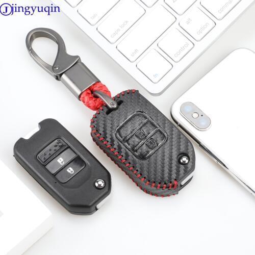 Jingyuqin Carbon Leather Car Key Case Cover Shell For Honda Civic City Fit XRV Vezel Folding Key