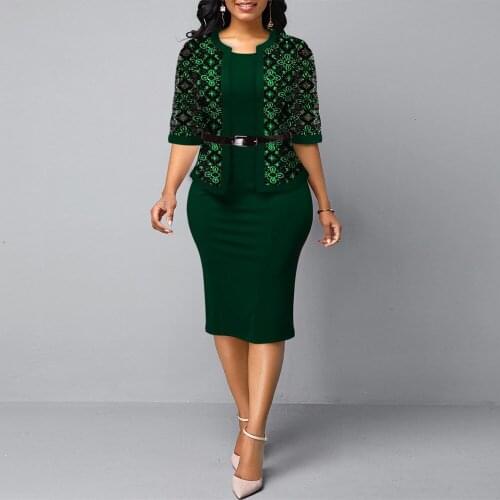 European Style Women Summer Fashion Elegant Solid Office Lady Sheath Dress Vintage O-neck Fake Two Piece Set Party Dress