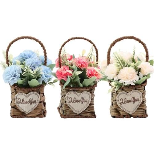 Artificial Carnation Hand-made Woven Flowers In Basket Fake Plants Portable Storage Decoration For Wedding Home Decor 2021 New