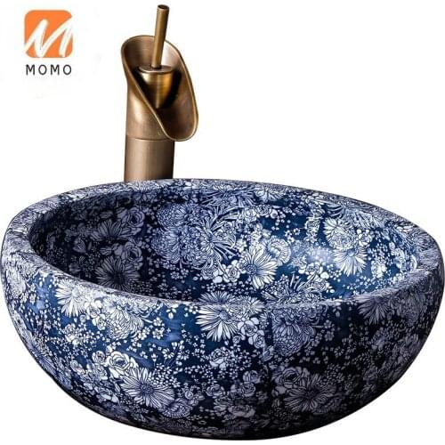 Ceramics Basin Sink Blue and White Hand Painted Porcelain Ceramic Wash Basin Round Bathroom Sink