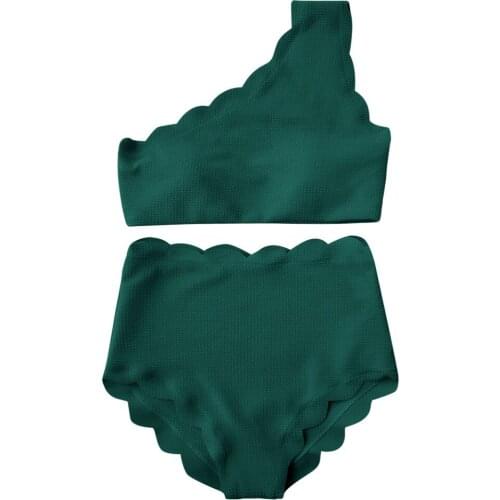High Waisted Full Coverage Bottoms Bikini Set One Shoulder Scalloped Flounce Swimsuit Wavy Edge Swimwear Two Pieces Bathing Suit