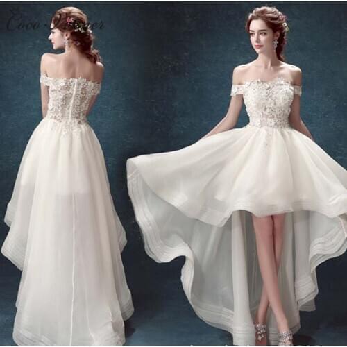 Off Shoulder Cap Sleeves Low/high Short Beach Wedding Dress 3D Floral Appliques Organza Country Wedding-Dress W0087