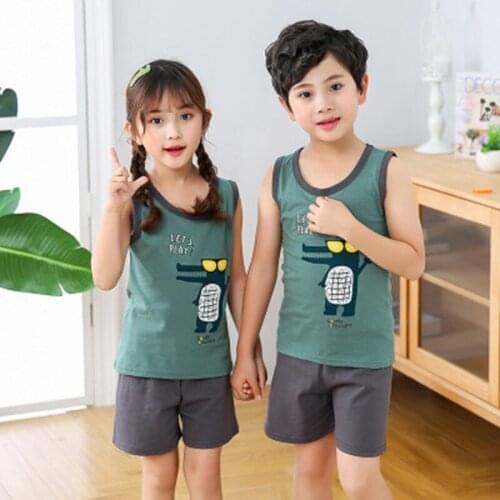 Summer Girl Boys Pajamas Sets Childrens Clothing Suits Vest+Pants Sleepwear 100% Cotton Cartoon Pyjamas Kids Pijamas Nightwear