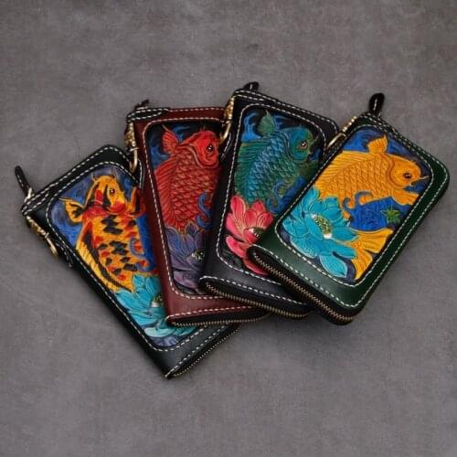Men Genuine Leather Wallets Carving Carp Zipper Bag Purses Women Long Clutch Vegetable Tanned Leather Wallet Carteira Masculina