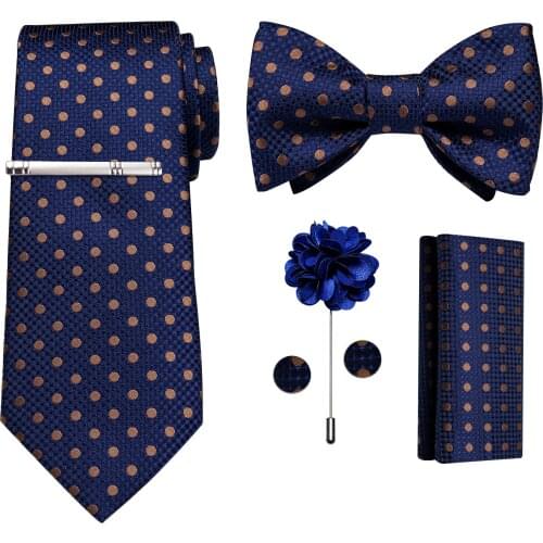 Brown Dot Blue Mens Neck Ties Handkerchief Cufflinks Self Tie Bow Tie Wedding Party Accessories Butterfly Cravate Homme