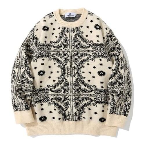 2021 Korean Fashion Cashew Jacquard Knitted Sweater Men Harajuku Apricot Casual Round Neck Pullovers Couples Knitwear Pull Homme