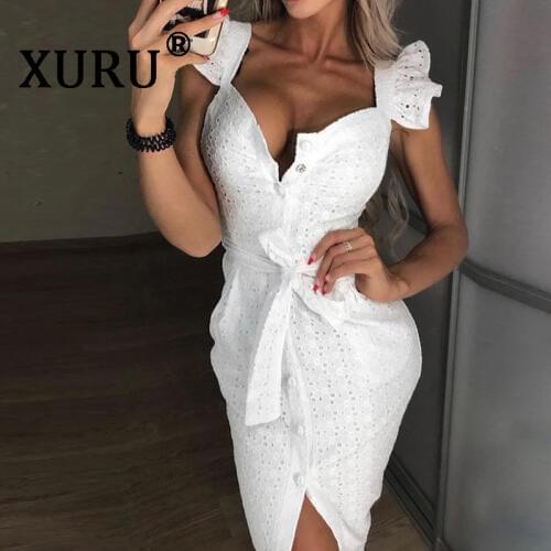 XURU summer new square collar embroidered dress Slim sexy bag hip dress white embroidered dress