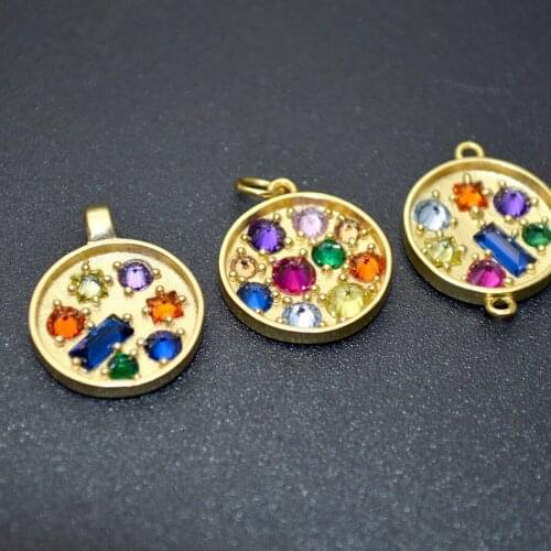 New Arrival DIY Findings Gold Plating Round Metal With Colorful Rhinestone Crystal Setting Charms Pendant Connectors 10pcs