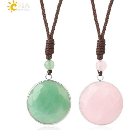 CSJA Natural Stone Crystal Necklace Summer 2021 Round Pendant Black Tiger Eye Green Aventurine Pink Quartz Collar Collier G660