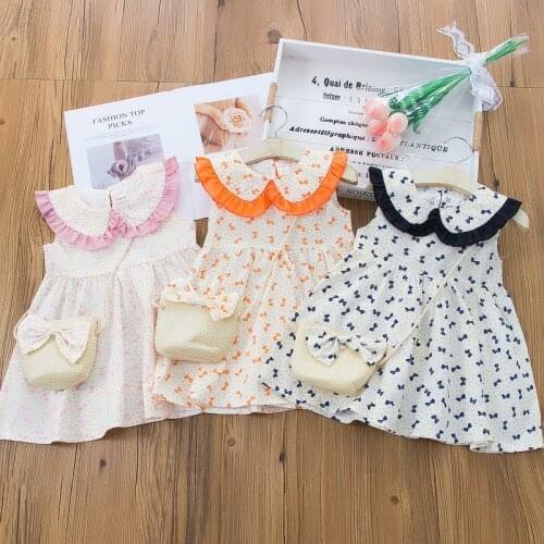 Girls Dress Summer New 2021 Childrens Dress Baby Girl Clothes 2 Pcs Bow Print Doll Collar Sleeveless Kids Dresses+bag Cute 0-4Y