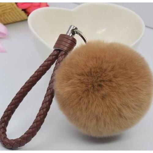 Fluffy Rabbit Fur Pompom Keychain Leather Strap Metal Women Bag Charm Real Natural Fur Balls Genuine Fur Pom Poms Key Chain