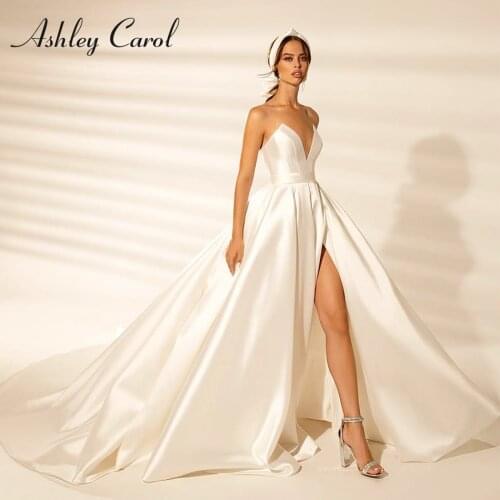 Ashley Carol A-Line Wedding Dress 2021 Ruched Strapless Bride Satin Sleeveless Backless Princess Bridal Gown