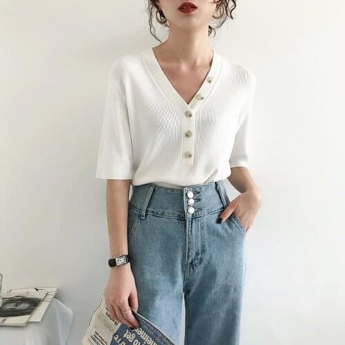 Tops Women Summer 2021 Fashion V-Neck Single Breasted Short Sleeve Knitted Womens T-Shirt Green In Stock