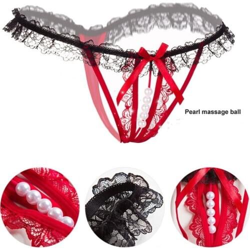 4pcs Lace Panties For Women Pearl Stimulate Brief Thongs Open Crotch Sexy Sissy Lingerie Exotic Transparent Underwear For Sex
