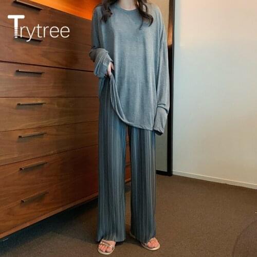Trytree 2020 Spring Women two piece set Casual O-neck Solid Loose T-shirt Tops + Pants Loose Wide leg pants Set 2 Piece Set
