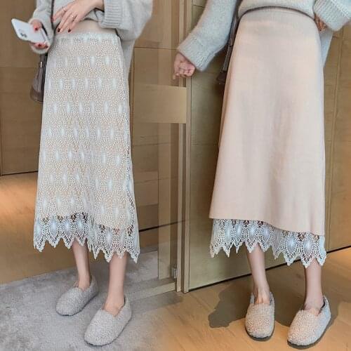 2020 Snordic Women Autumn Elegant Elastic High Waist Lace Layer Knitted Long A-line Skirt Beige Jupes