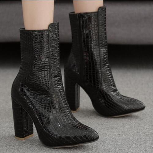 Womens shoes High heels PU Slip On Square heel 11cm Pointed Toe black fish pattern chunky heel women short boots