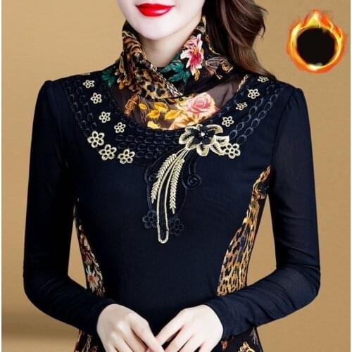 Woman Tshirts Womens Autumn Winter Mesh Long-Sleeved Collar Lace Top Tops Mujer Camisetas