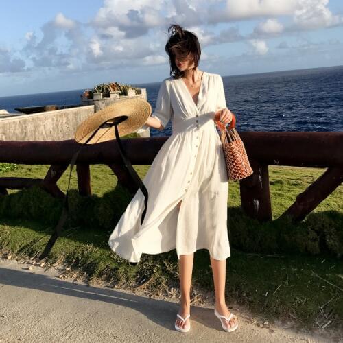 2019 Women Dress Fashion Summer Elegant Slim Bodycon Casual Party Beach Runway Cotton and Linen White Long Dress