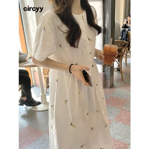 Yitimoky Woman Dress White Embroidery Floral Mid-Calf Cotton Clothing 2021 Summer Short Sleeve Loose Lined Cute Sweet Sundress