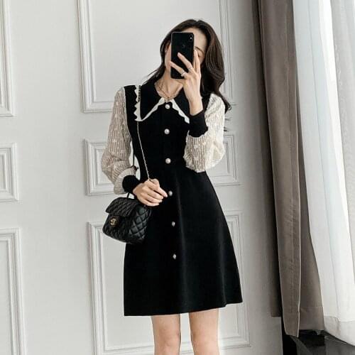 2021 New Spring Women Dress Long Sleeve A-line Mesh Stitching Knitted Dress Korean Girls Peter Pan Collar Sweater Mini Vestidos