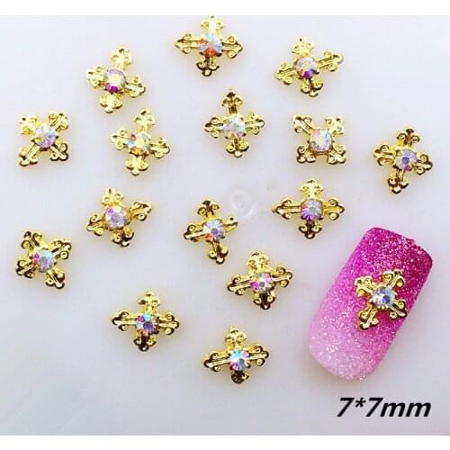 20pcs/pack Japan Alloy Nail Art 3D Gold Cross with Rhinestone Metal Accessories for Phototherapy Nail Sticker DIY