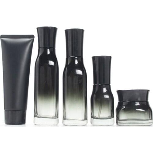 40ML 100ML 120ML Mist Spray Bottle Gradient Black Refillable Lotion Pump Bottle Glass Cream Jar Cosmetic Container with Plug